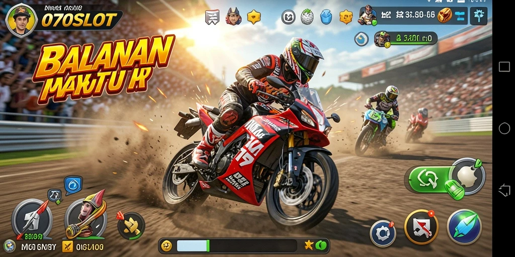 Screenshot utama 070SLOT menampilkan tindakan balapan motor yang mendebarkan.