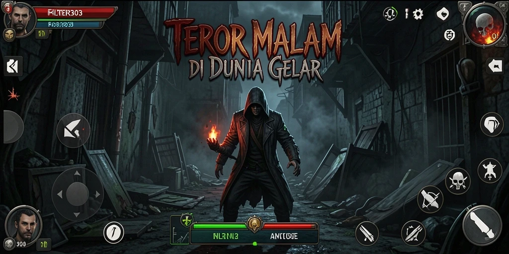 Menampilkan momen menegangkan dalam gameplay <strong>FILTER303</strong> di lingkungan gelap.