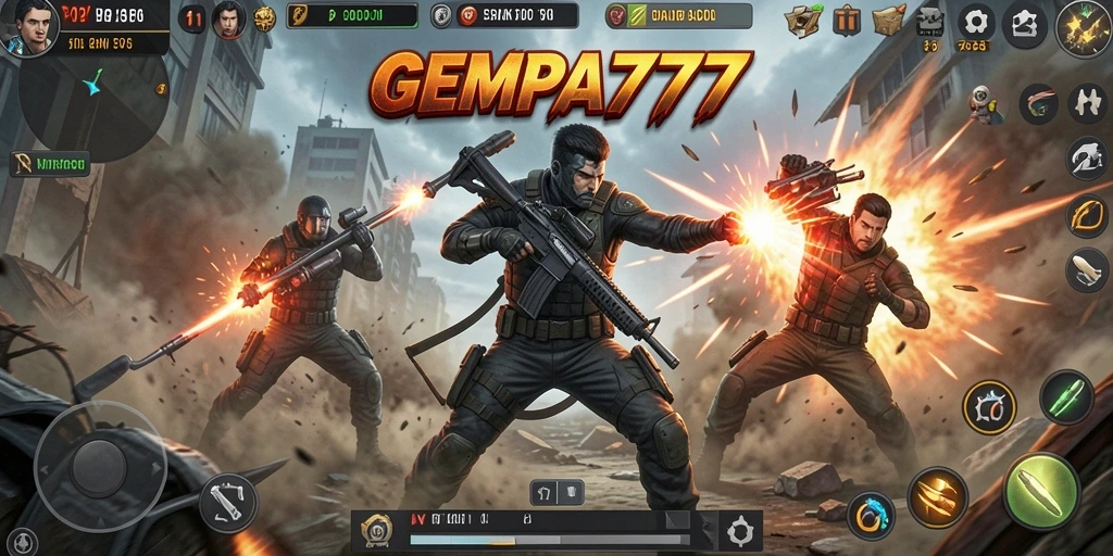 Tampilan gameplay GEMPA777 dengan aksi yang mendebarkan dan karakter unik.