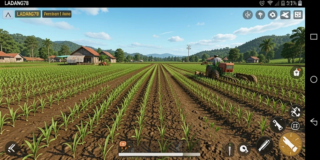 Screenshot dari LADANG78 menampilkan pemainan pertanian yang realistis dan interaktif.
