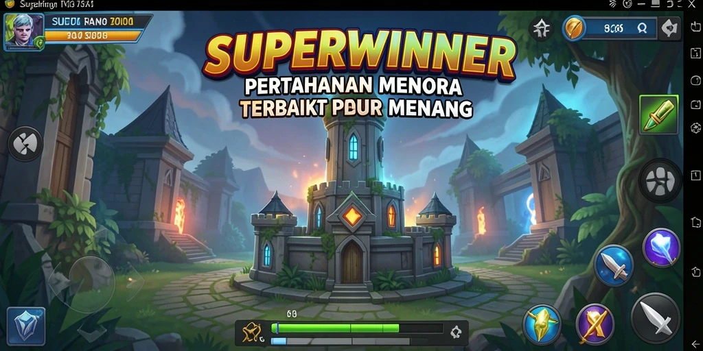 Screenshot gameplay SUPERWINNER yang menampilkan strategi Tower Defense di medan perang.
