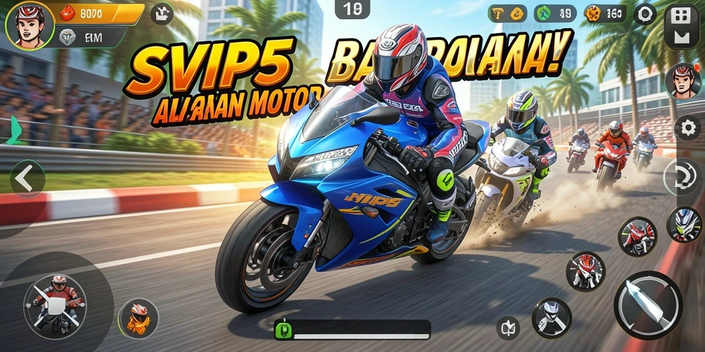 Screenshot SVIP5 menampilkan aksi balapan motor yang mendebarkan.